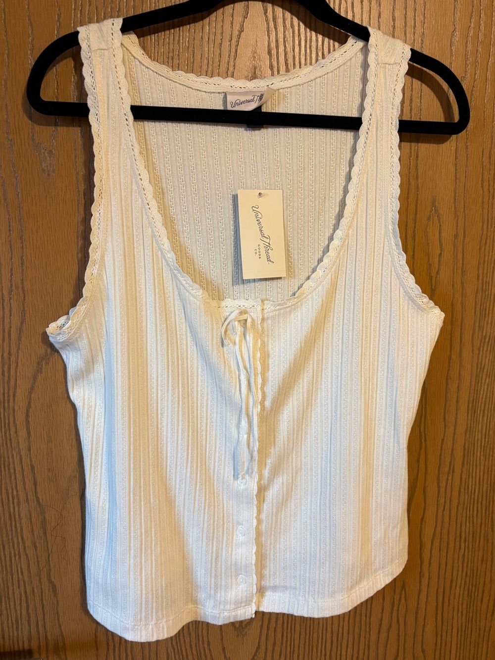Universal Thread Cream Lace-Trim Ribbed Tank with Front Tie